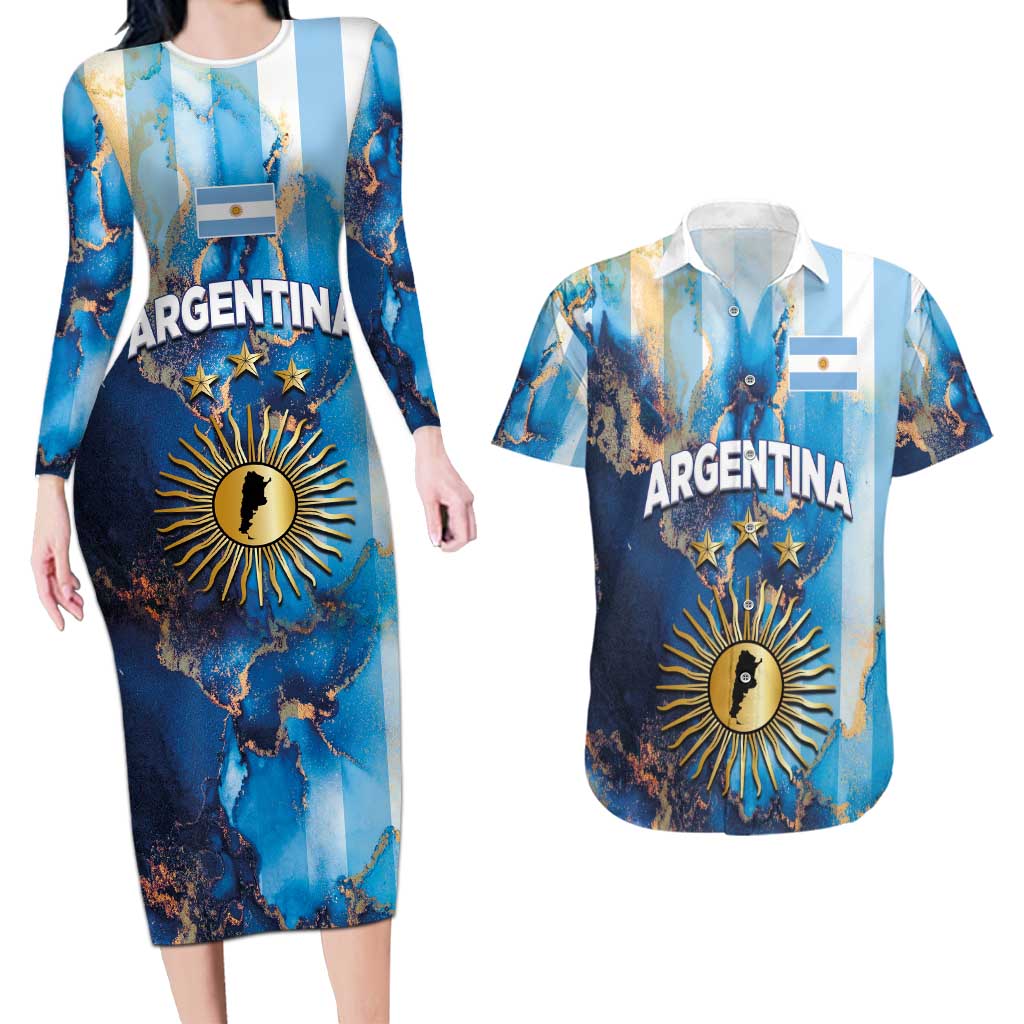 Custom Argentina Football Couples Matching Long Sleeve Bodycon Dress and Hawaiian Shirt La Albiceleste Marble Sky Version