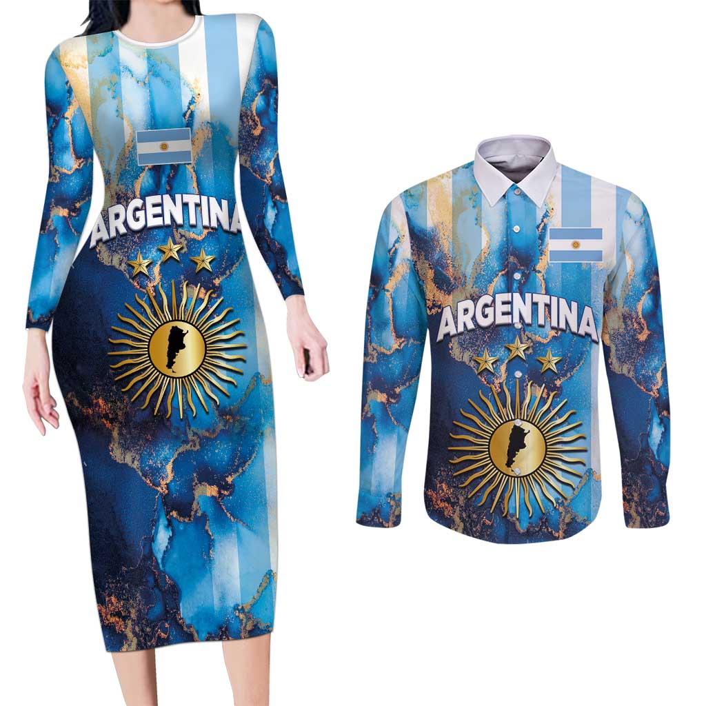 Custom Argentina Football Couples Matching Long Sleeve Bodycon Dress and Long Sleeve Button Shirt La Albiceleste Marble Sky Version