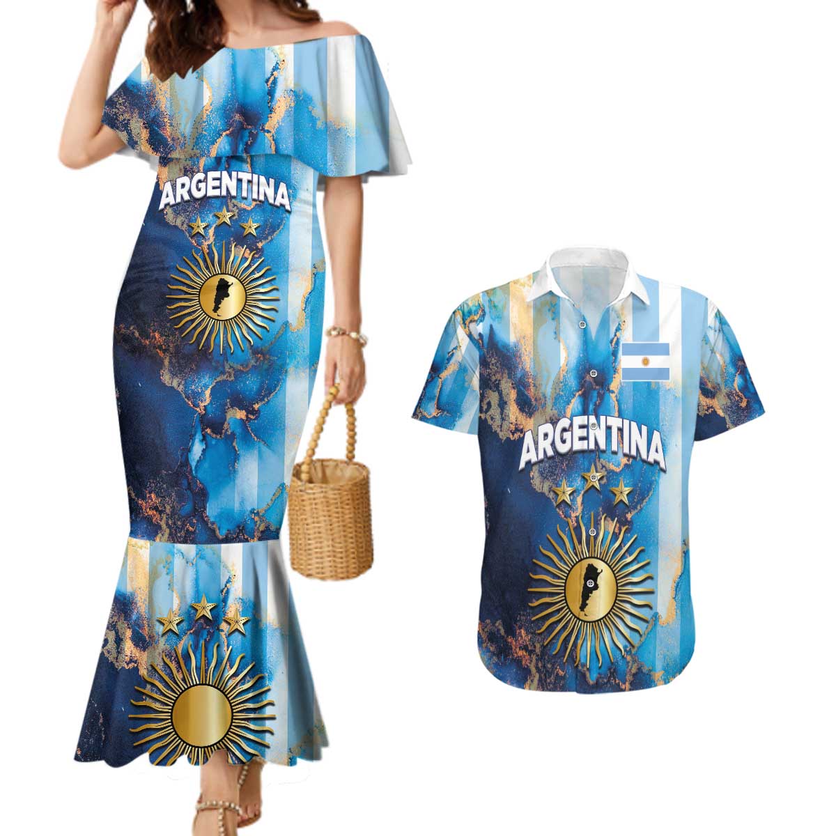 Custom Argentina Football Couples Matching Mermaid Dress and Hawaiian Shirt La Albiceleste Marble Sky Version
