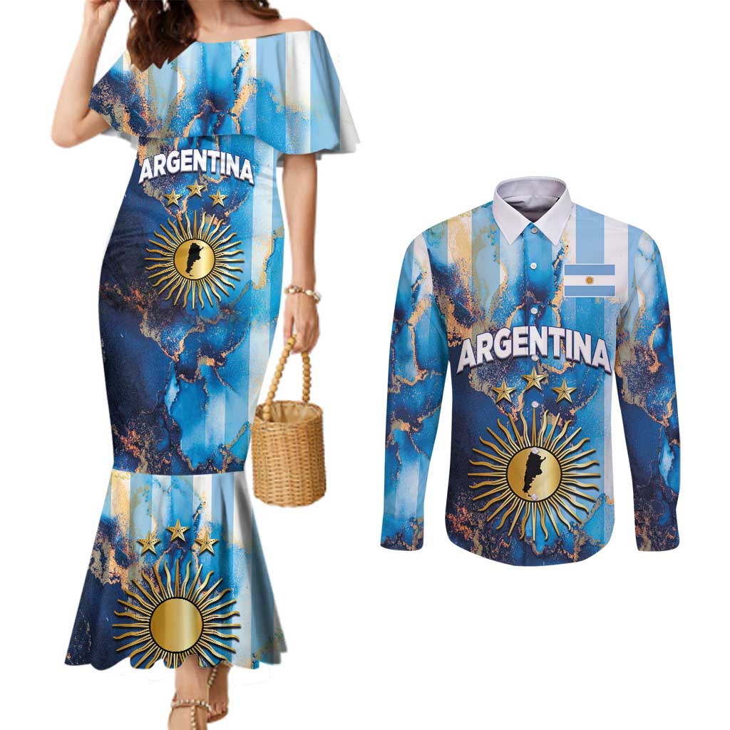 Custom Argentina Football Couples Matching Mermaid Dress and Long Sleeve Button Shirt La Albiceleste Marble Sky Version