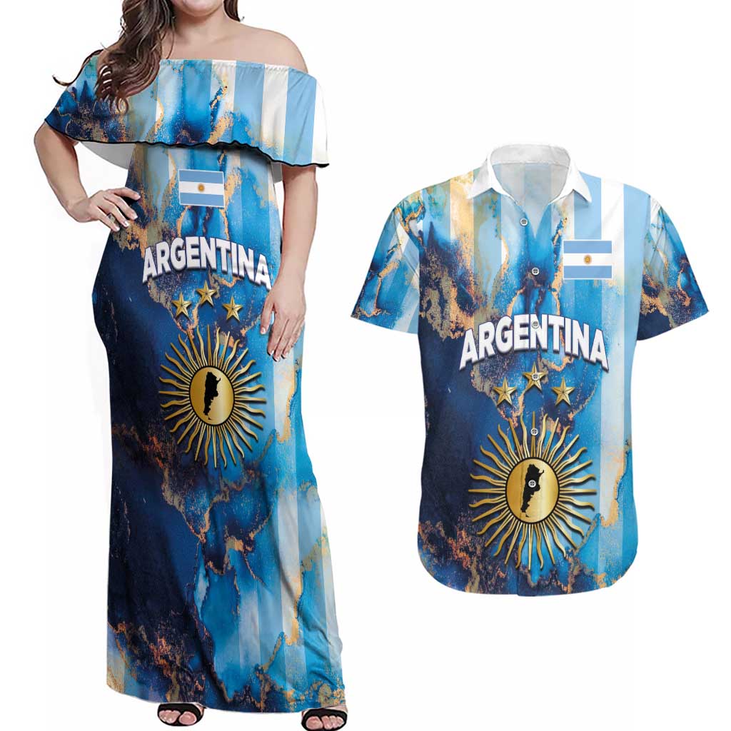 Custom Argentina Football Couples Matching Off Shoulder Maxi Dress and Hawaiian Shirt La Albiceleste Marble Sky Version