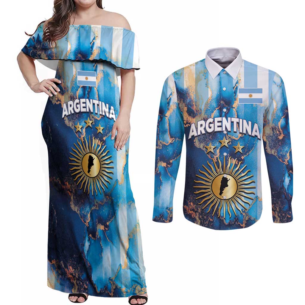 Custom Argentina Football Couples Matching Off Shoulder Maxi Dress and Long Sleeve Button Shirt La Albiceleste Marble Sky Version