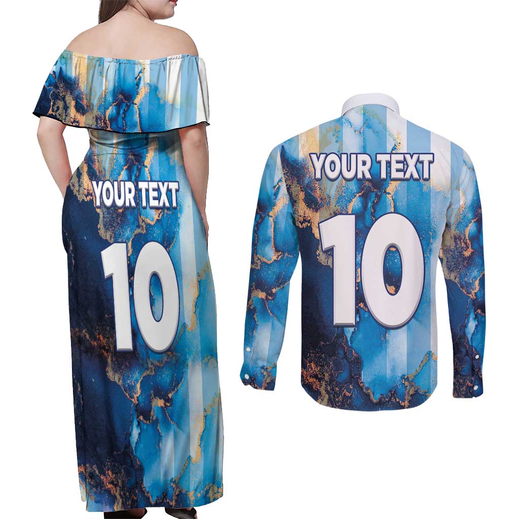Custom Argentina Football Couples Matching Off Shoulder Maxi Dress and Long Sleeve Button Shirt La Albiceleste Marble Sky Version