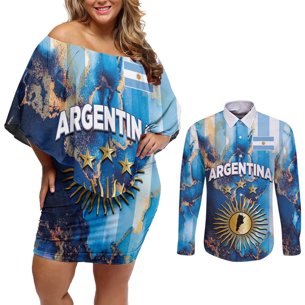 Custom Argentina Football Couples Matching Off Shoulder Short Dress and Long Sleeve Button Shirt La Albiceleste Marble Sky Version
