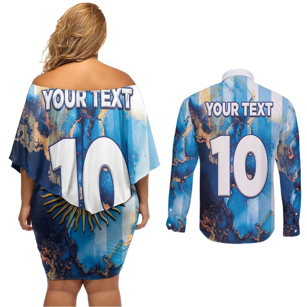Custom Argentina Football Couples Matching Off Shoulder Short Dress and Long Sleeve Button Shirt La Albiceleste Marble Sky Version