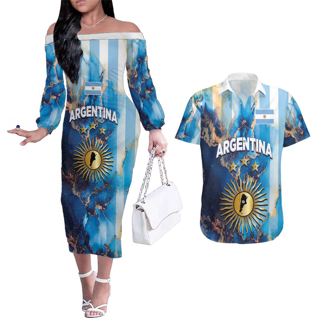 Custom Argentina Football Couples Matching Off The Shoulder Long Sleeve Dress and Hawaiian Shirt La Albiceleste Marble Sky Version