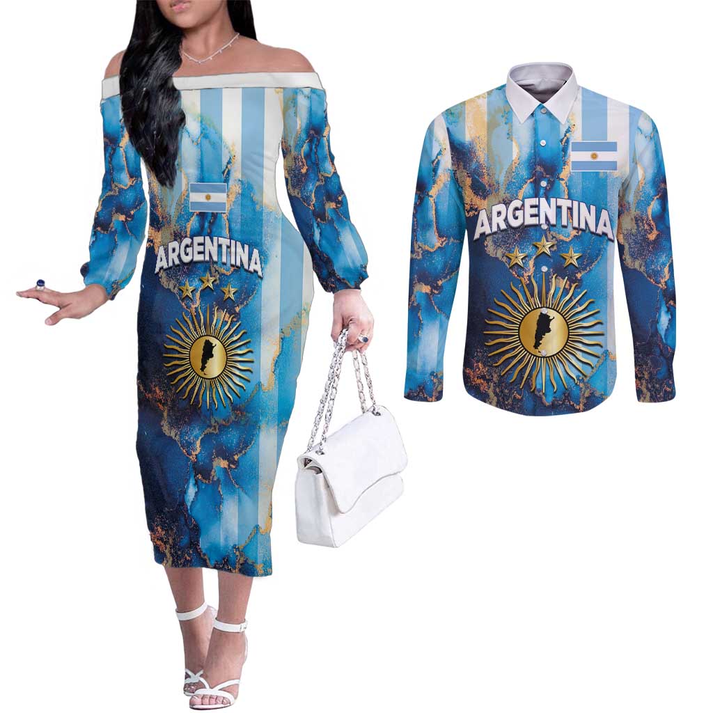 Custom Argentina Football Couples Matching Off The Shoulder Long Sleeve Dress and Long Sleeve Button Shirt La Albiceleste Marble Sky Version