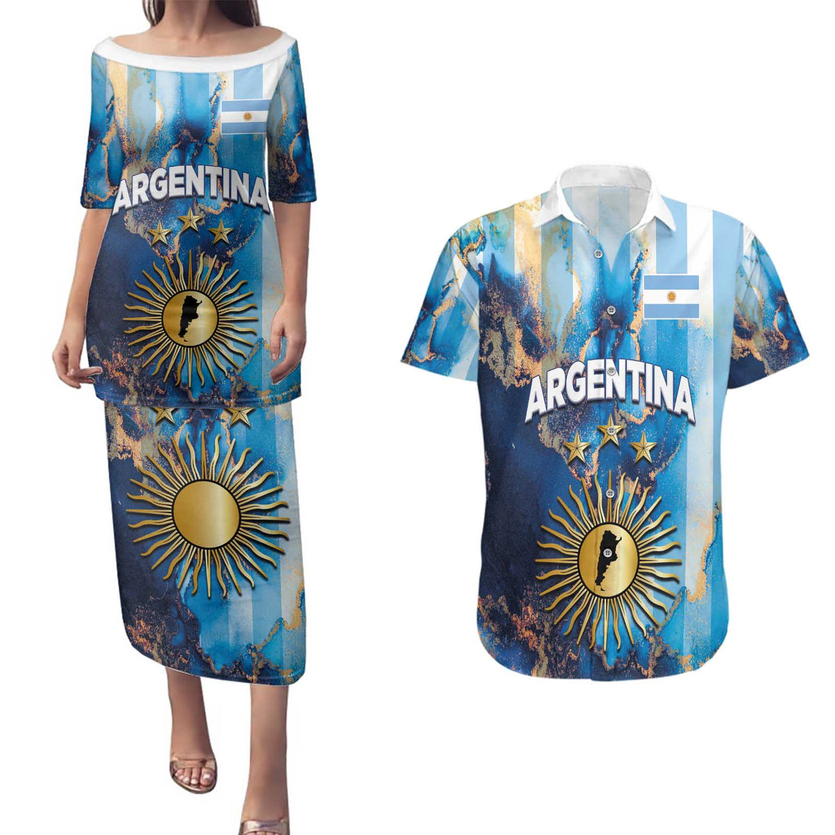 Custom Argentina Football Couples Matching Puletasi and Hawaiian Shirt La Albiceleste Marble Sky Version