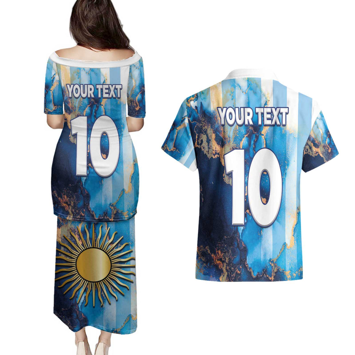 Custom Argentina Football Couples Matching Puletasi and Hawaiian Shirt La Albiceleste Marble Sky Version