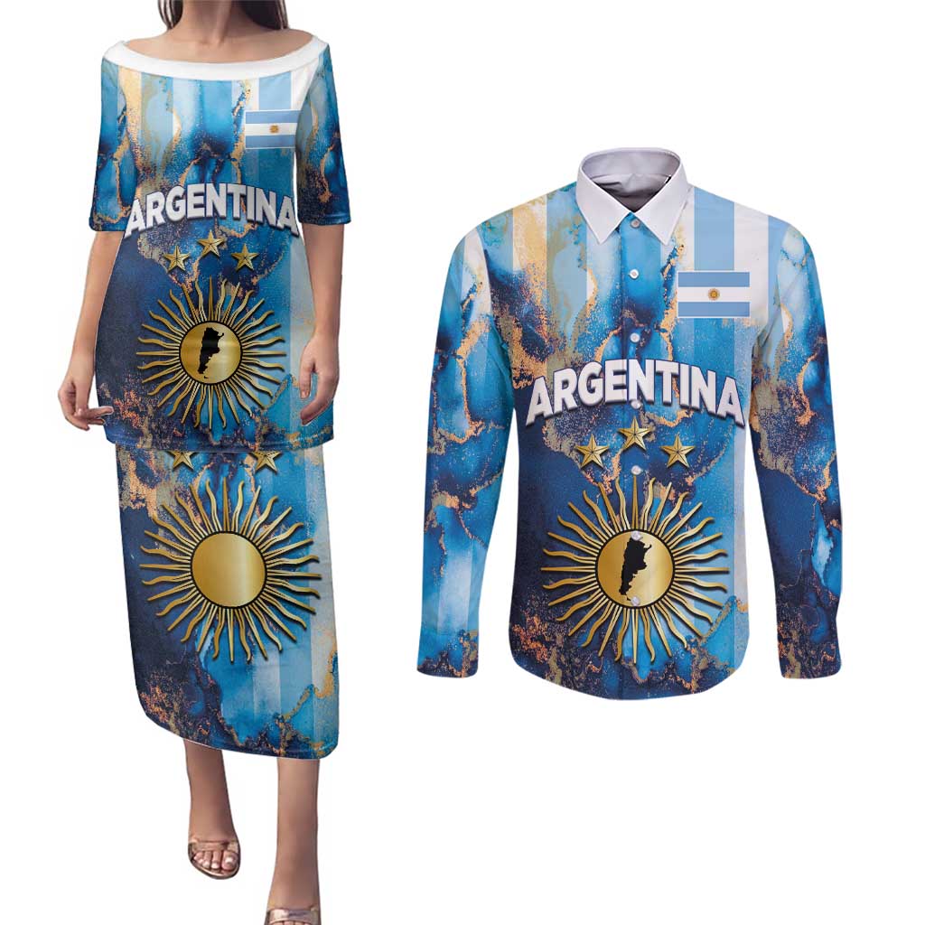 Custom Argentina Football Couples Matching Puletasi and Long Sleeve Button Shirt La Albiceleste Marble Sky Version