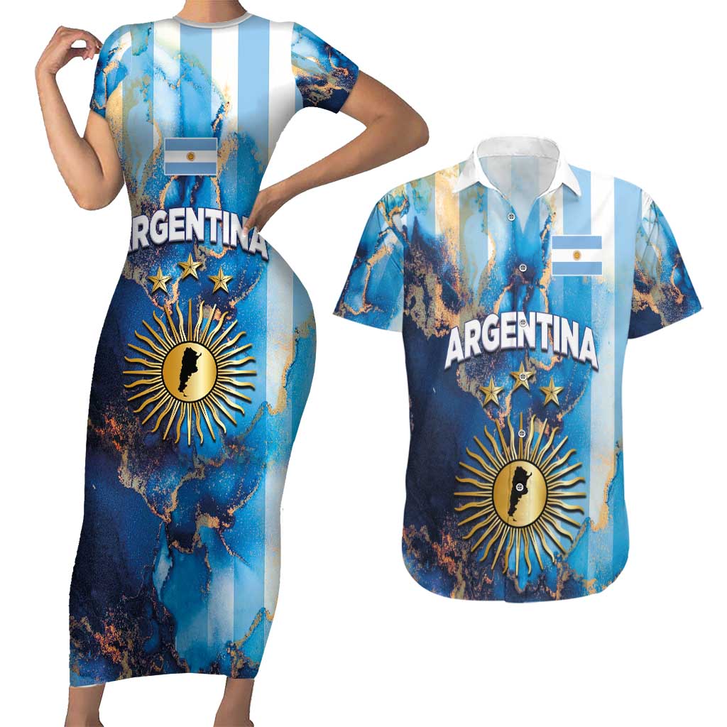 Custom Argentina Football Couples Matching Short Sleeve Bodycon Dress and Hawaiian Shirt La Albiceleste Marble Sky Version