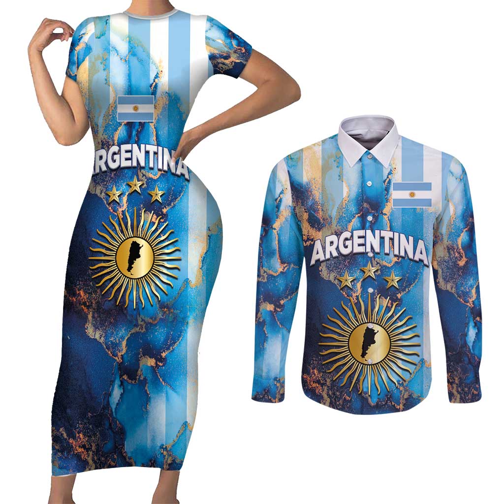 Custom Argentina Football Couples Matching Short Sleeve Bodycon Dress and Long Sleeve Button Shirt La Albiceleste Marble Sky Version