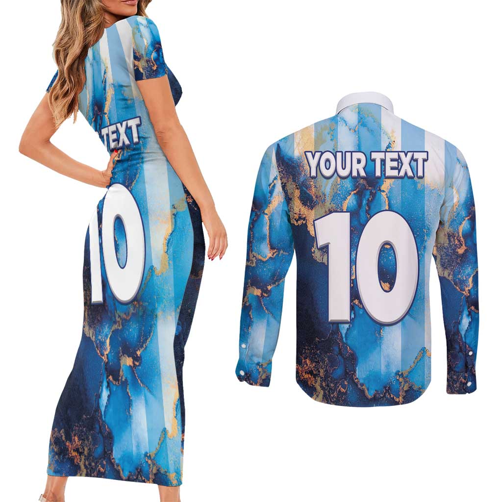 Custom Argentina Football Couples Matching Short Sleeve Bodycon Dress and Long Sleeve Button Shirt La Albiceleste Marble Sky Version