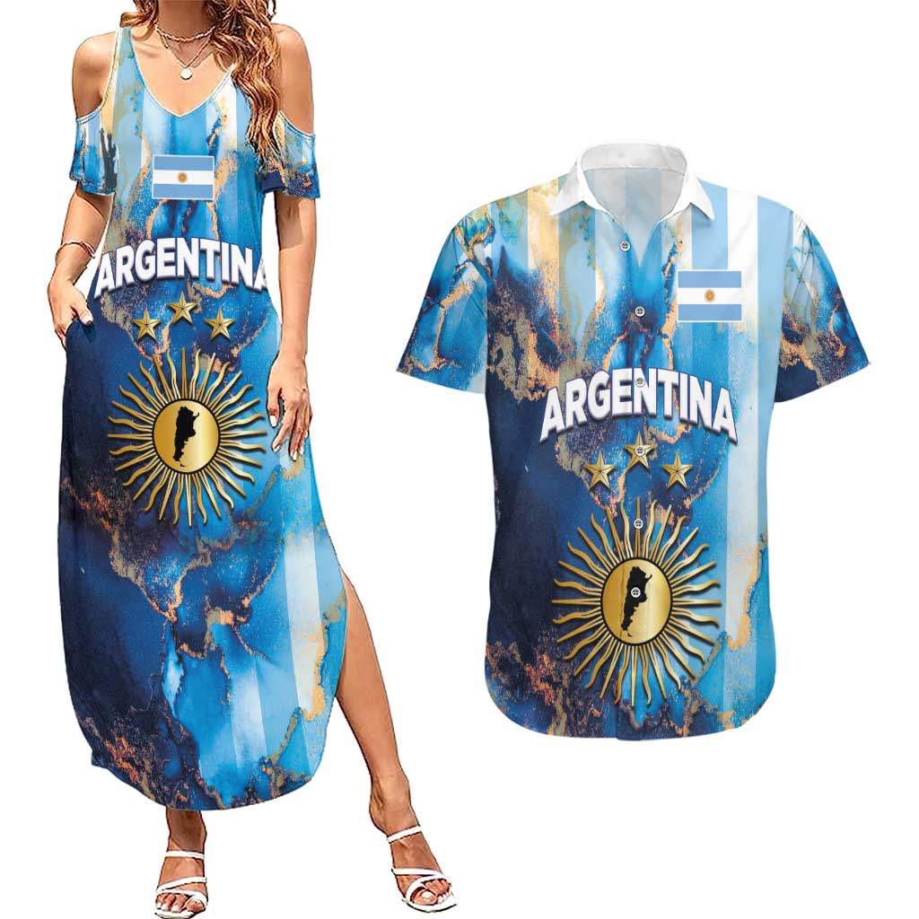 Custom Argentina Football Couples Matching Summer Maxi Dress and Hawaiian Shirt La Albiceleste Marble Sky Version