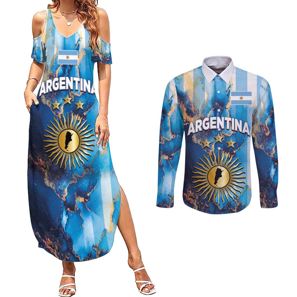 Custom Argentina Football Couples Matching Summer Maxi Dress and Long Sleeve Button Shirt La Albiceleste Marble Sky Version