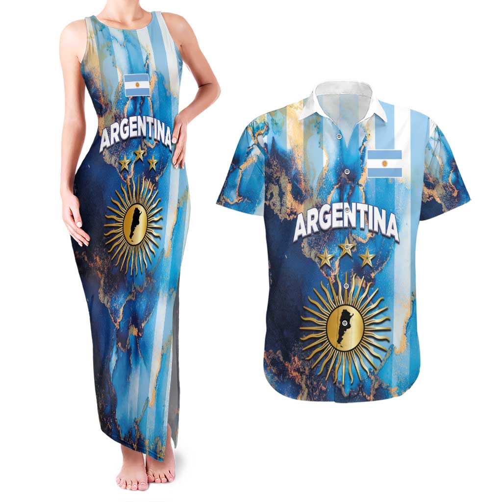 Custom Argentina Football Couples Matching Tank Maxi Dress and Hawaiian Shirt La Albiceleste Marble Sky Version