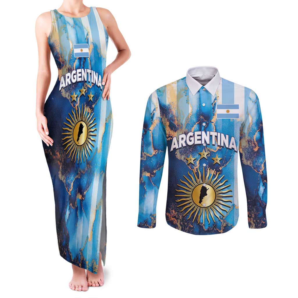 Custom Argentina Football Couples Matching Tank Maxi Dress and Long Sleeve Button Shirt La Albiceleste Marble Sky Version