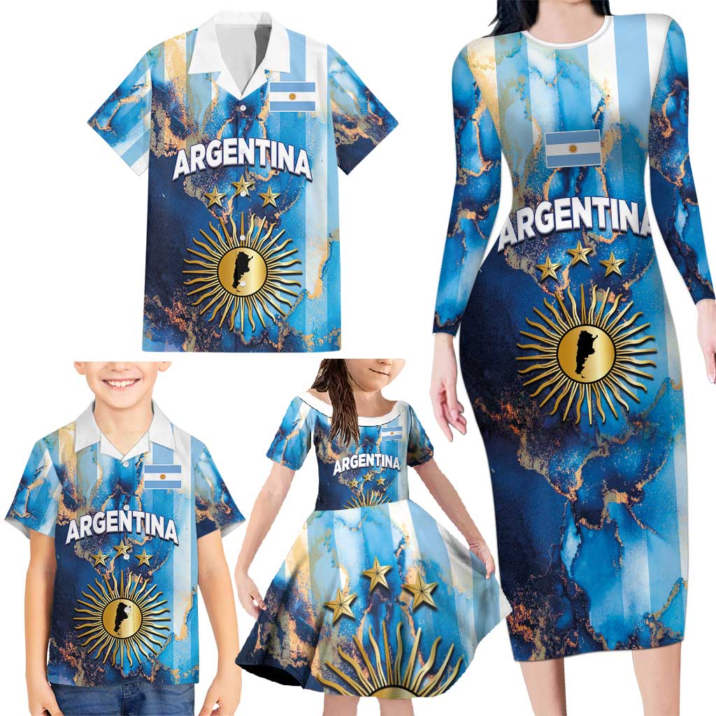 Custom Argentina Football Family Matching Long Sleeve Bodycon Dress and Hawaiian Shirt La Albiceleste Marble Sky Version
