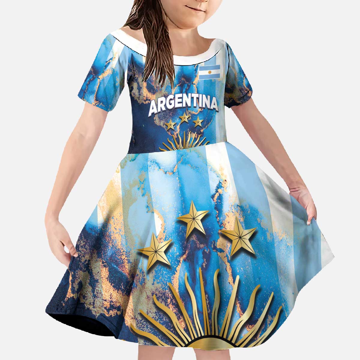 Custom Argentina Football Family Matching Off The Shoulder Long Sleeve Dress and Hawaiian Shirt La Albiceleste Marble Sky Version