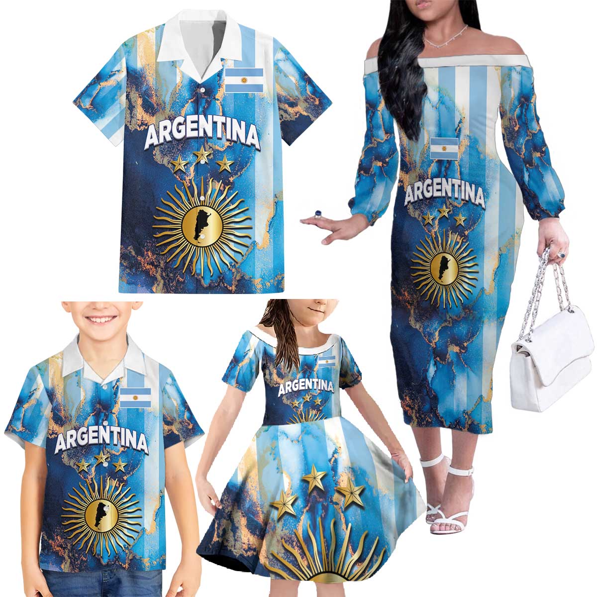 Custom Argentina Football Family Matching Off The Shoulder Long Sleeve Dress and Hawaiian Shirt La Albiceleste Marble Sky Version