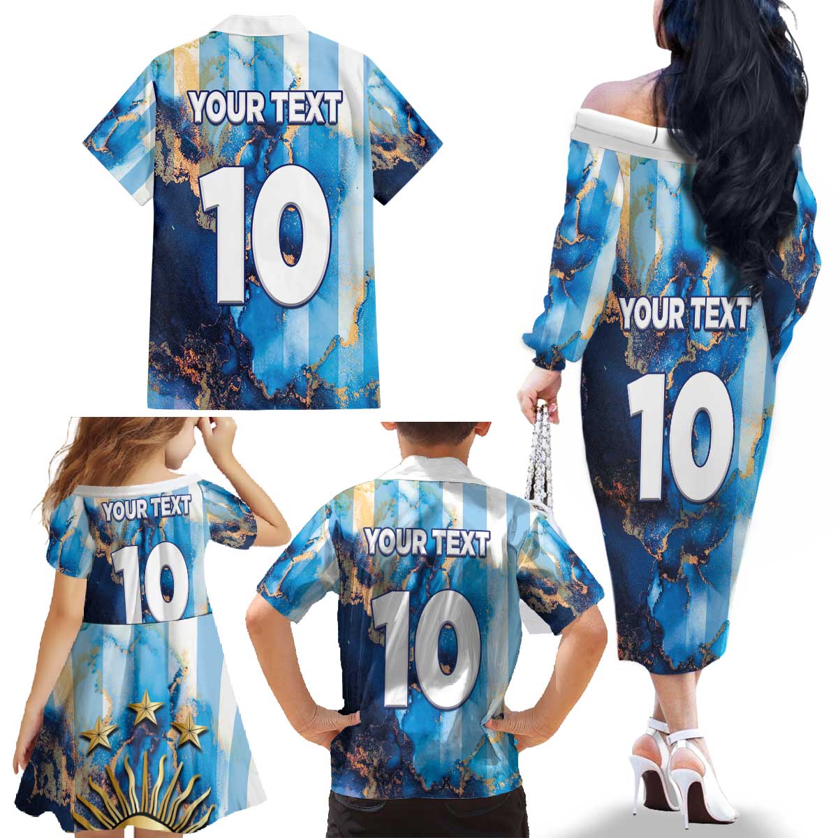 Custom Argentina Football Family Matching Off The Shoulder Long Sleeve Dress and Hawaiian Shirt La Albiceleste Marble Sky Version