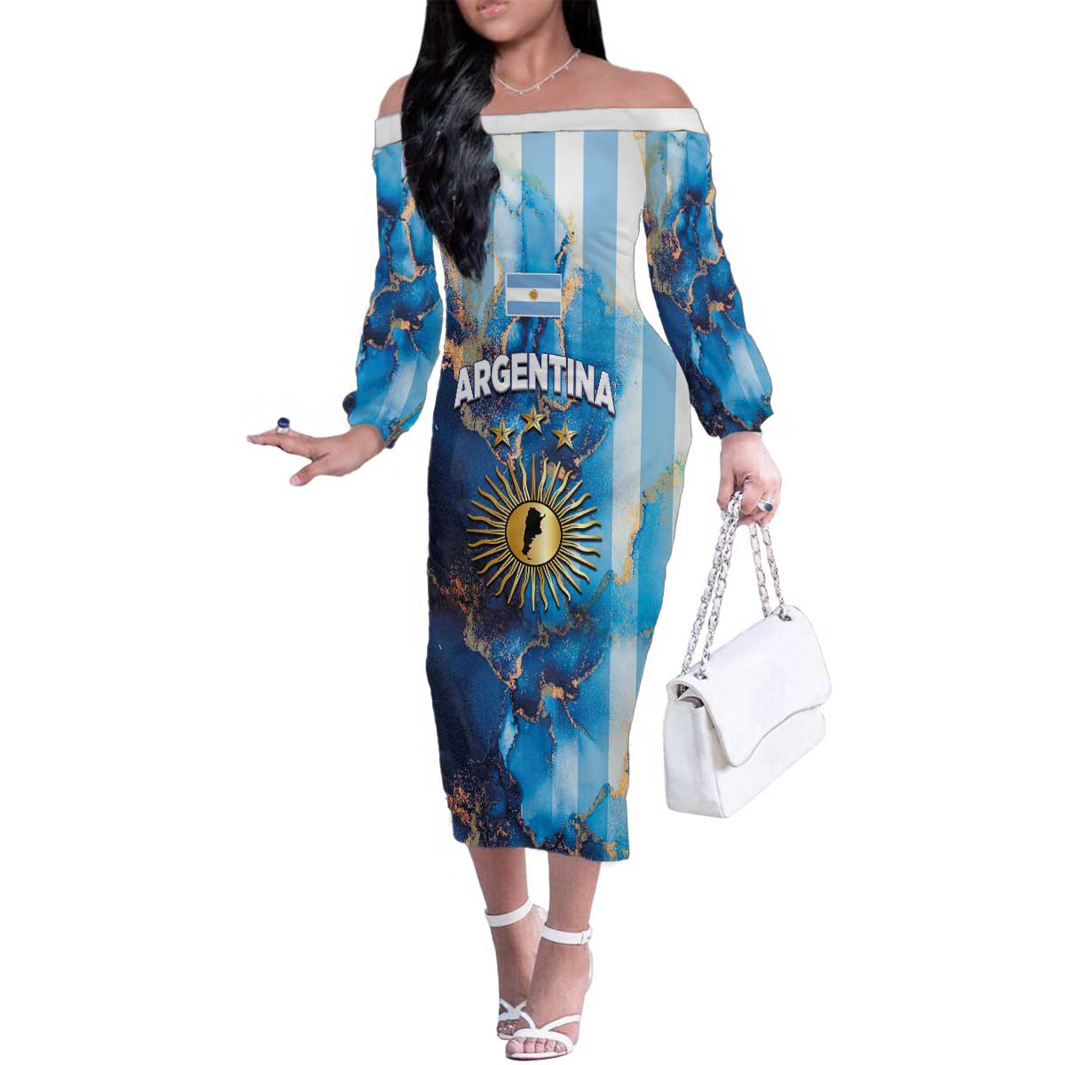 Custom Argentina Football Family Matching Off The Shoulder Long Sleeve Dress and Hawaiian Shirt La Albiceleste Marble Sky Version