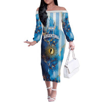 Custom Argentina Football Family Matching Off The Shoulder Long Sleeve Dress and Hawaiian Shirt La Albiceleste Marble Sky Version