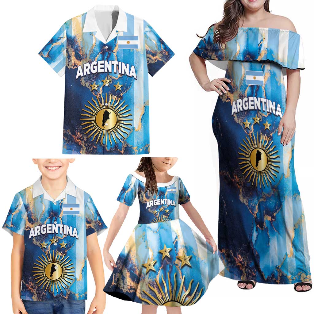 Custom Argentina Football Family Matching Off Shoulder Maxi Dress and Hawaiian Shirt La Albiceleste Marble Sky Version