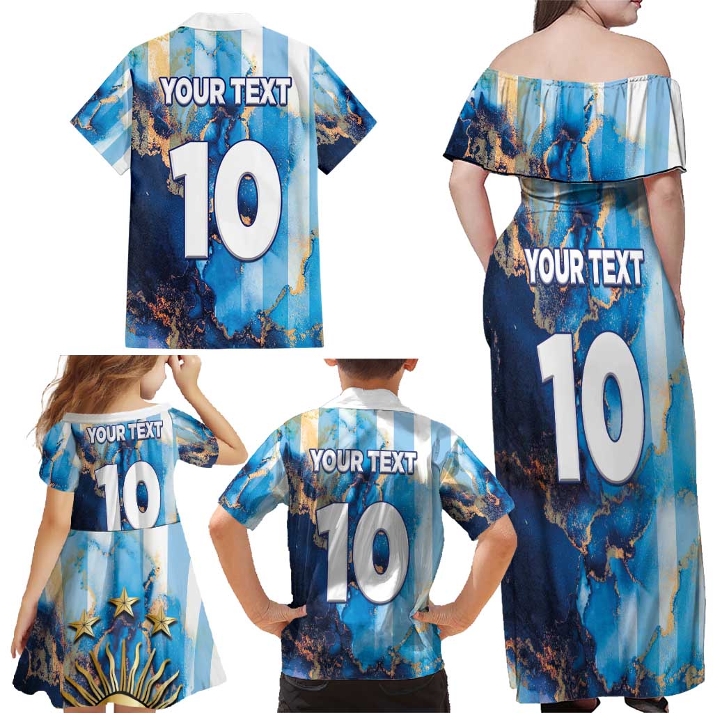 Custom Argentina Football Family Matching Off Shoulder Maxi Dress and Hawaiian Shirt La Albiceleste Marble Sky Version