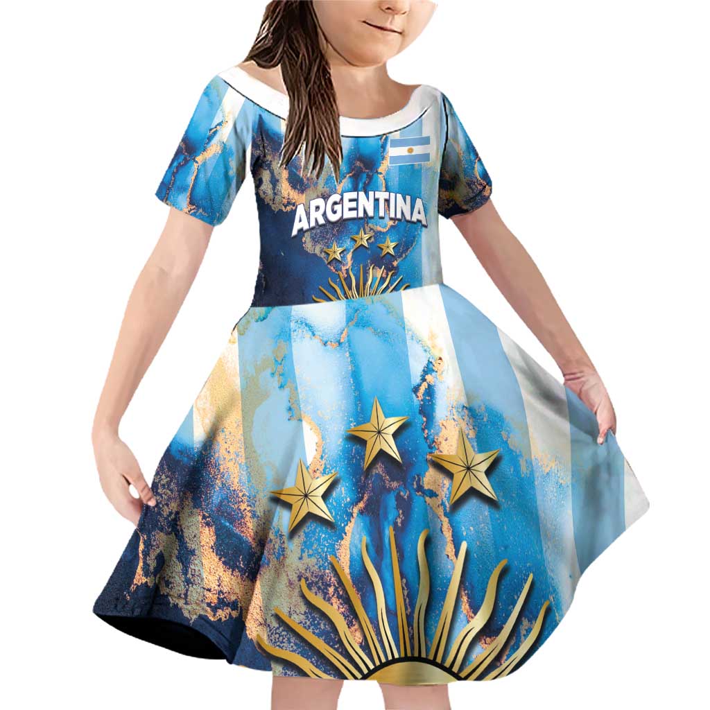 Custom Argentina Football Family Matching Off Shoulder Short Dress and Hawaiian Shirt La Albiceleste Marble Sky Version