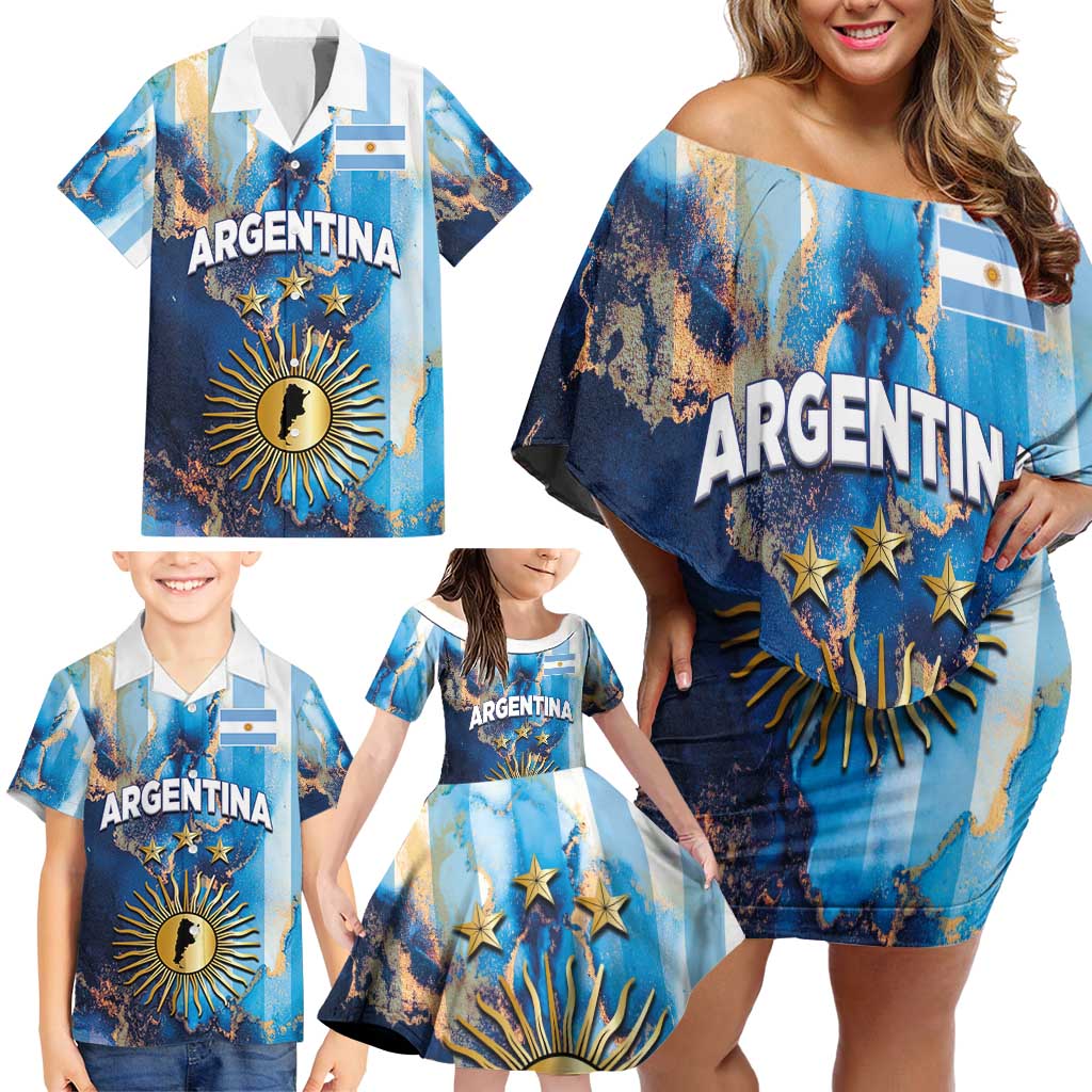 Custom Argentina Football Family Matching Off Shoulder Short Dress and Hawaiian Shirt La Albiceleste Marble Sky Version