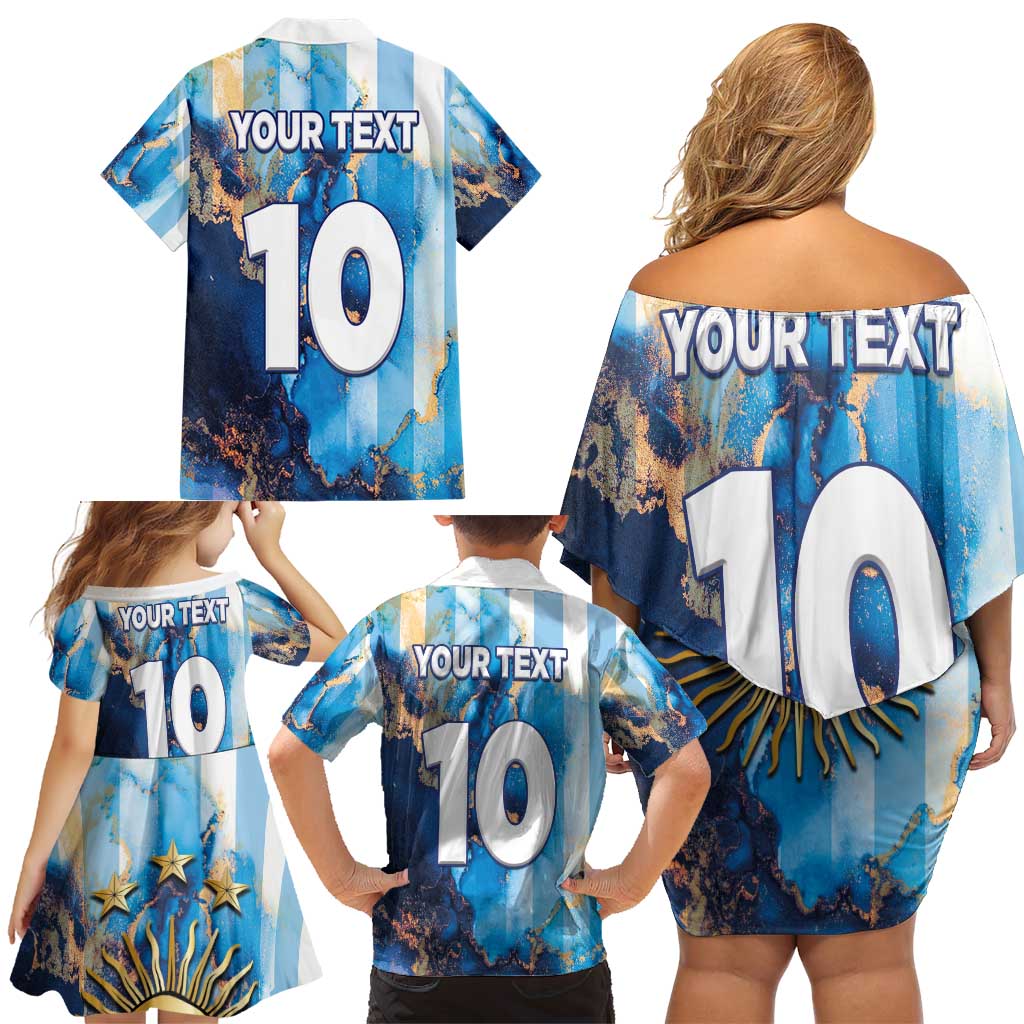 Custom Argentina Football Family Matching Off Shoulder Short Dress and Hawaiian Shirt La Albiceleste Marble Sky Version