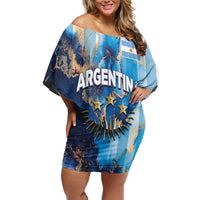 Custom Argentina Football Family Matching Off Shoulder Short Dress and Hawaiian Shirt La Albiceleste Marble Sky Version