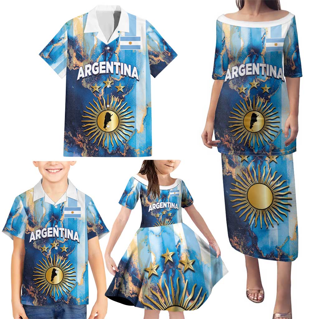 Custom Argentina Football Family Matching Puletasi and Hawaiian Shirt La Albiceleste Marble Sky Version