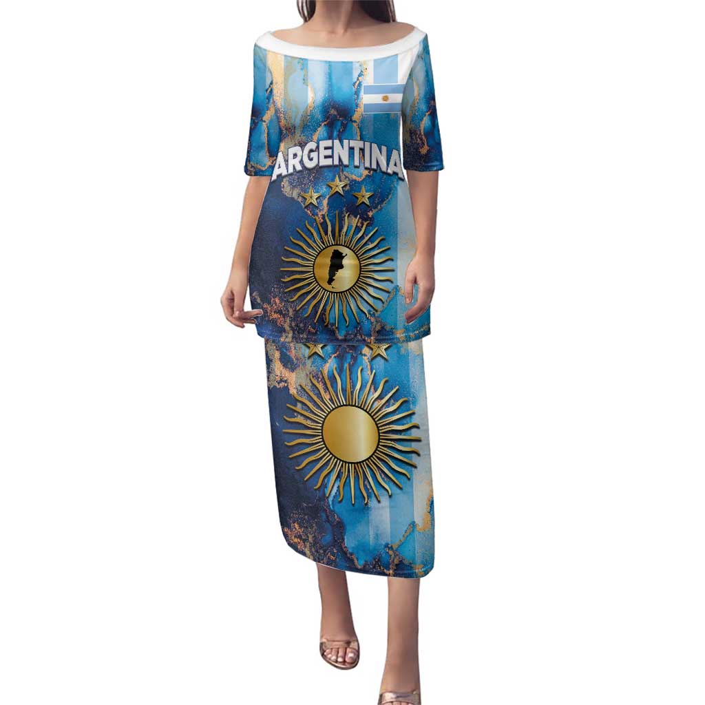 Custom Argentina Football Family Matching Puletasi and Hawaiian Shirt La Albiceleste Marble Sky Version