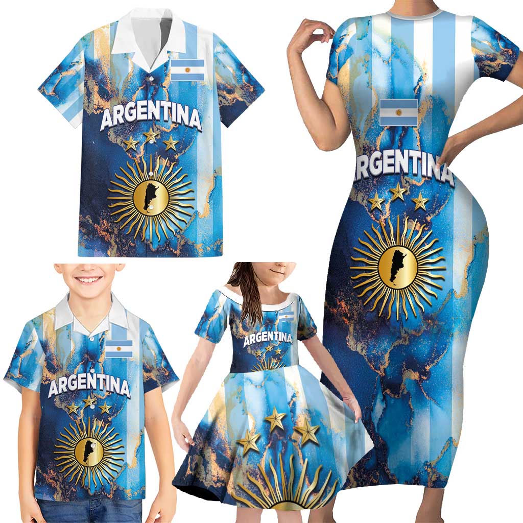 Custom Argentina Football Family Matching Short Sleeve Bodycon Dress and Hawaiian Shirt La Albiceleste Marble Sky Version