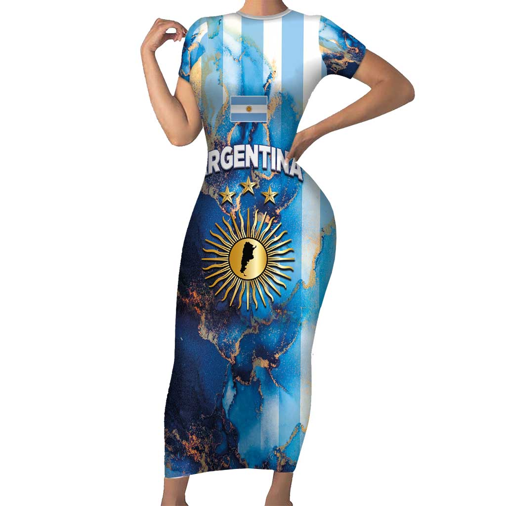 Custom Argentina Football Family Matching Short Sleeve Bodycon Dress and Hawaiian Shirt La Albiceleste Marble Sky Version