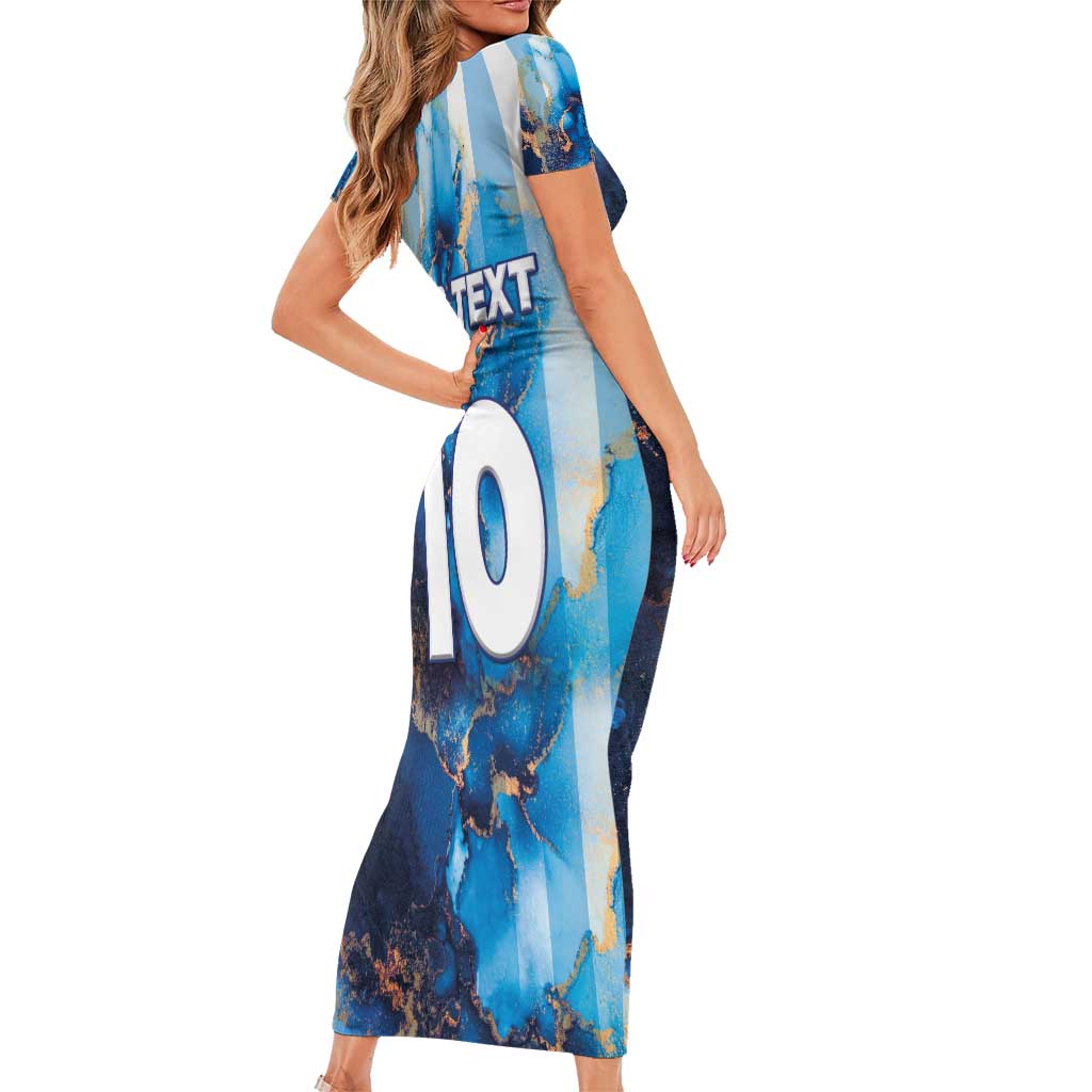 Custom Argentina Football Family Matching Short Sleeve Bodycon Dress and Hawaiian Shirt La Albiceleste Marble Sky Version