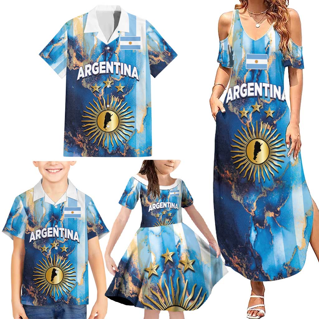 Custom Argentina Football Family Matching Summer Maxi Dress and Hawaiian Shirt La Albiceleste Marble Sky Version