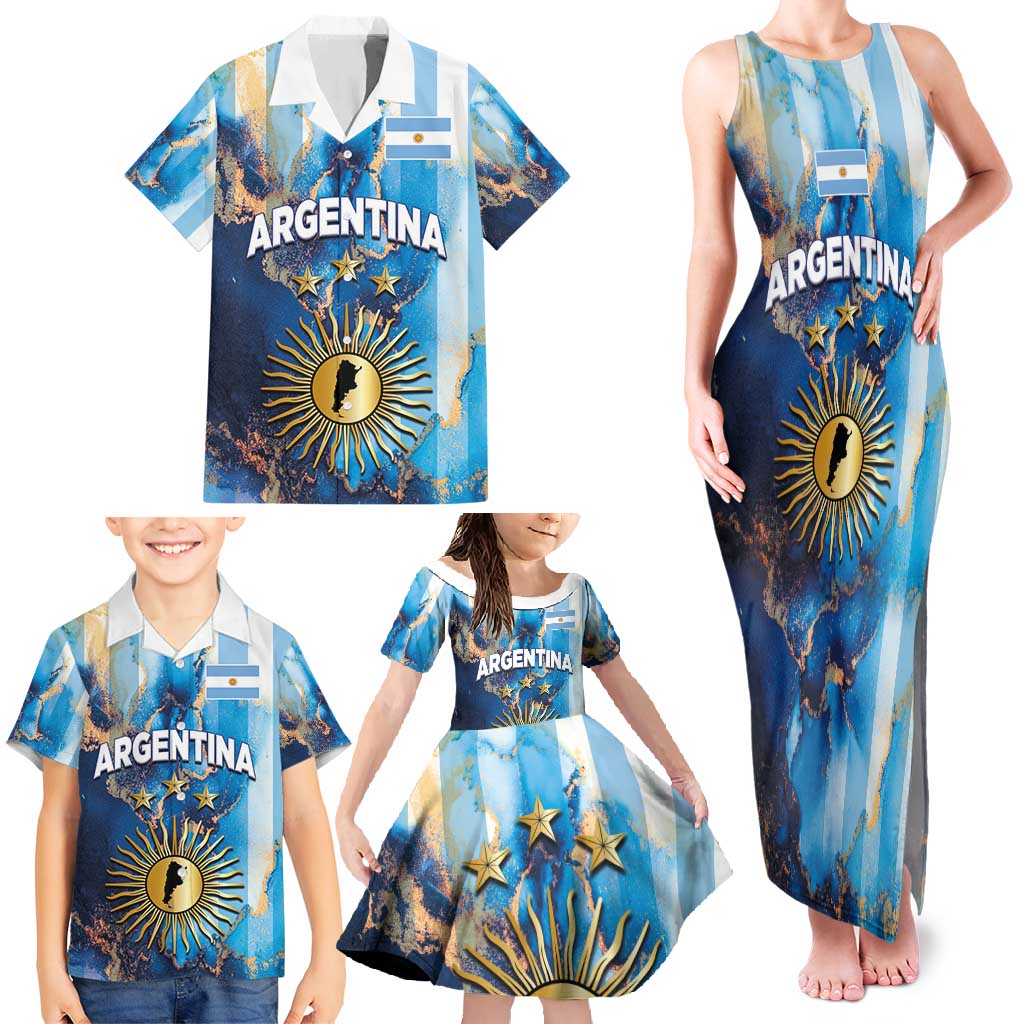 Custom Argentina Football Family Matching Tank Maxi Dress and Hawaiian Shirt La Albiceleste Marble Sky Version