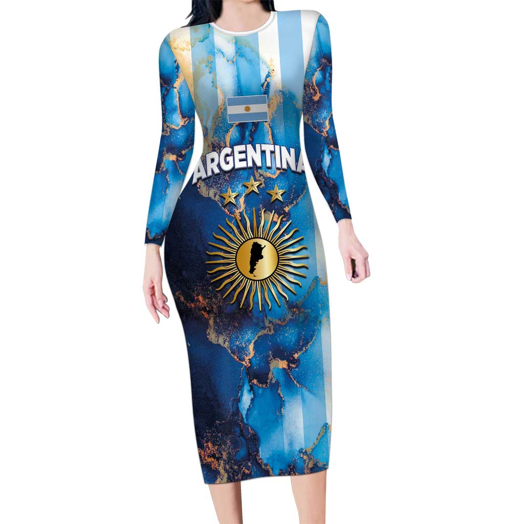 Custom Argentina Football Long Sleeve Bodycon Dress La Albiceleste Marble Sky Version