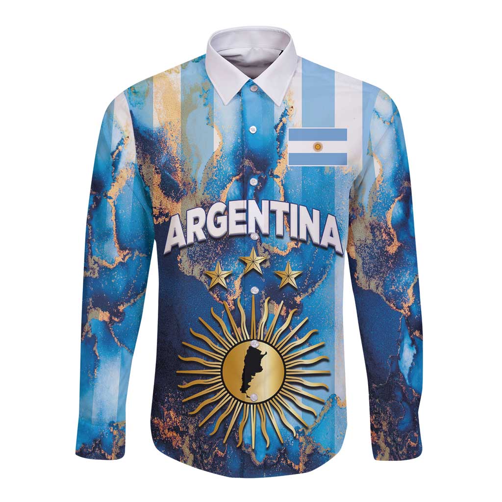 Custom Argentina Football Long Sleeve Button Shirt La Albiceleste Marble Sky Version