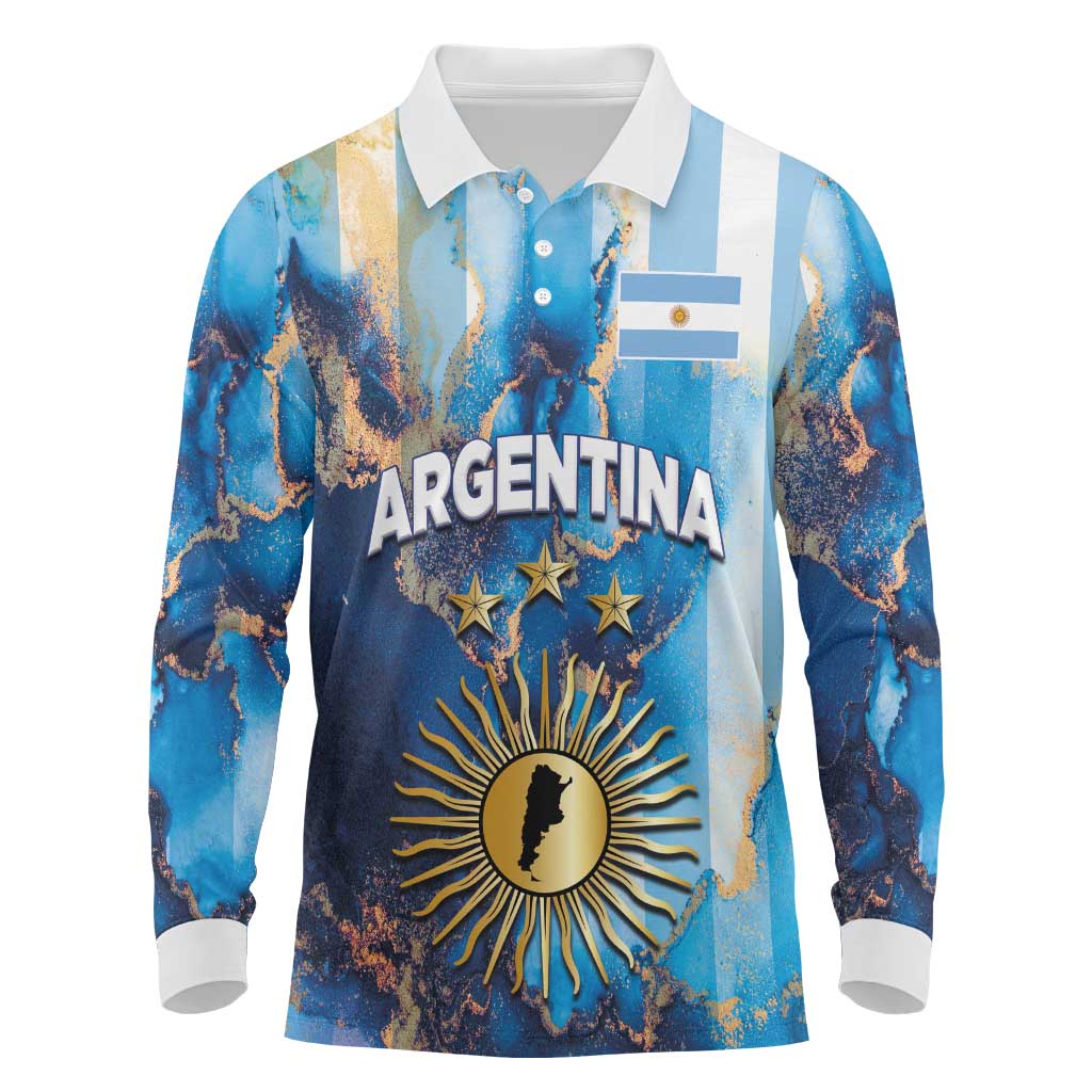 Custom Argentina Football Long Sleeve Polo Shirt La Albiceleste Marble Sky Version