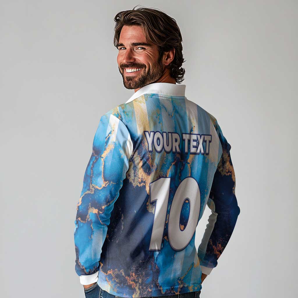 Custom Argentina Football Long Sleeve Polo Shirt La Albiceleste Marble Sky Version