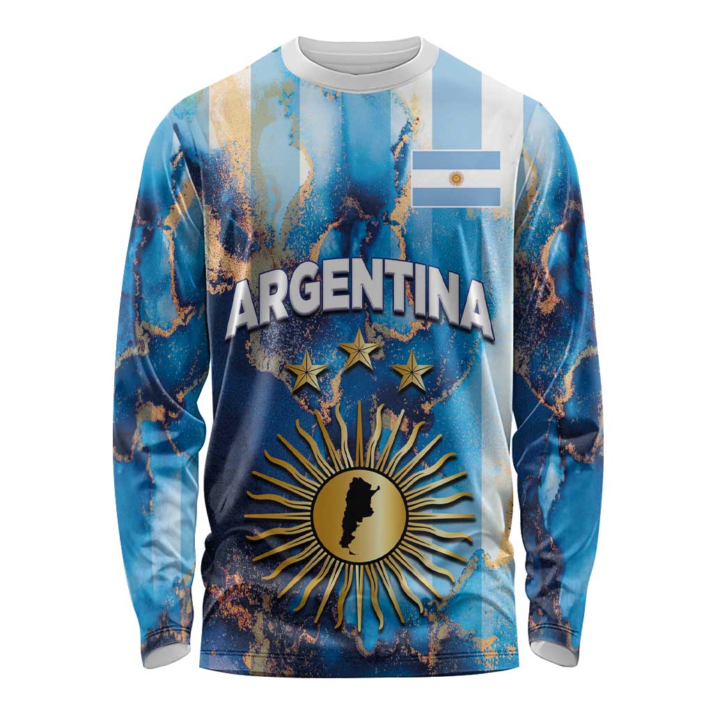 Custom Argentina Football Long Sleeve Shirt La Albiceleste Marble Sky Version