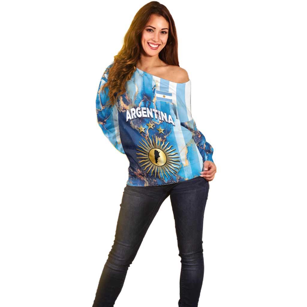 Custom Argentina Football Off Shoulder Sweater La Albiceleste Marble Sky Version