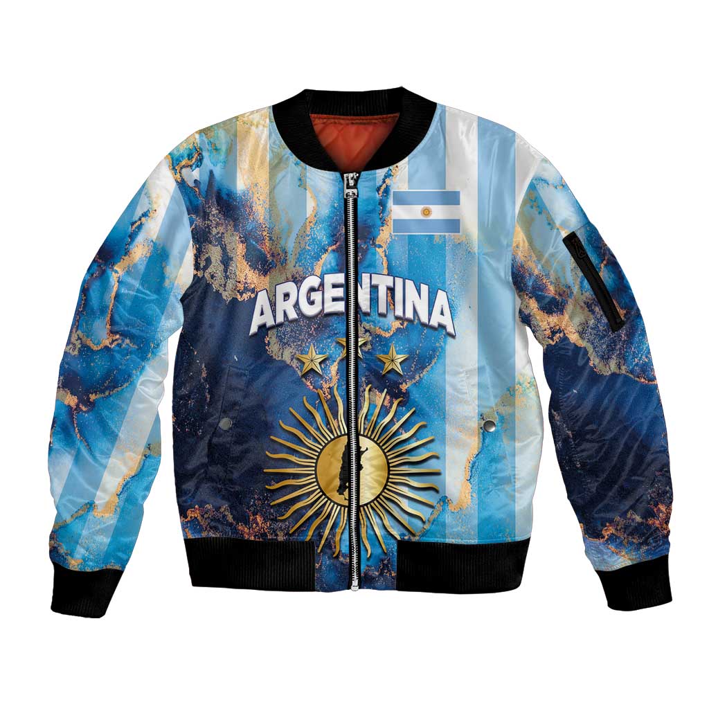 Custom Argentina Football Sleeve Zip Bomber Jacket La Albiceleste Marble Sky Version