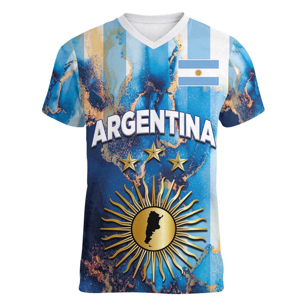 Custom Argentina Football Women V-Neck T-Shirt La Albiceleste Marble Sky Version