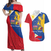 Philippines Independence Day Couples Matching Off Shoulder Maxi Dress and Hawaiian Shirt Araw ng Kalayaan Polynesian Sun and YAKAN Pattern