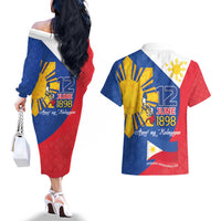 Philippines Independence Day Couples Matching Off The Shoulder Long Sleeve Dress and Hawaiian Shirt Araw ng Kalayaan Polynesian Sun and YAKAN Pattern